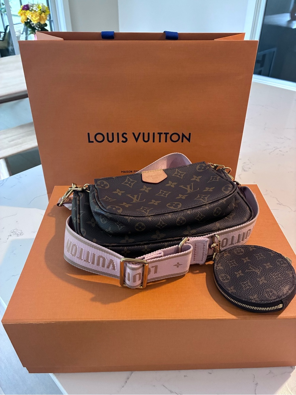 Louis Vuitton Monogram Crossbody Trio with Pink Strap and Coin Pouch